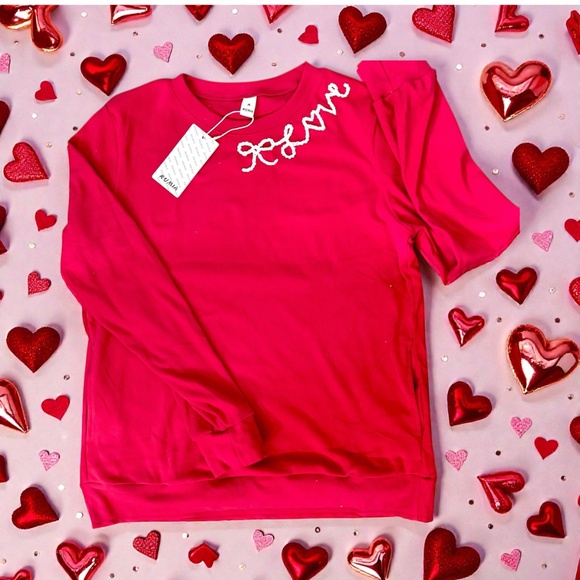 Dark Pink Valentines Love Hand Drawn and Hand Embroidered Sweatshirt NWT - Picture 5 of 12